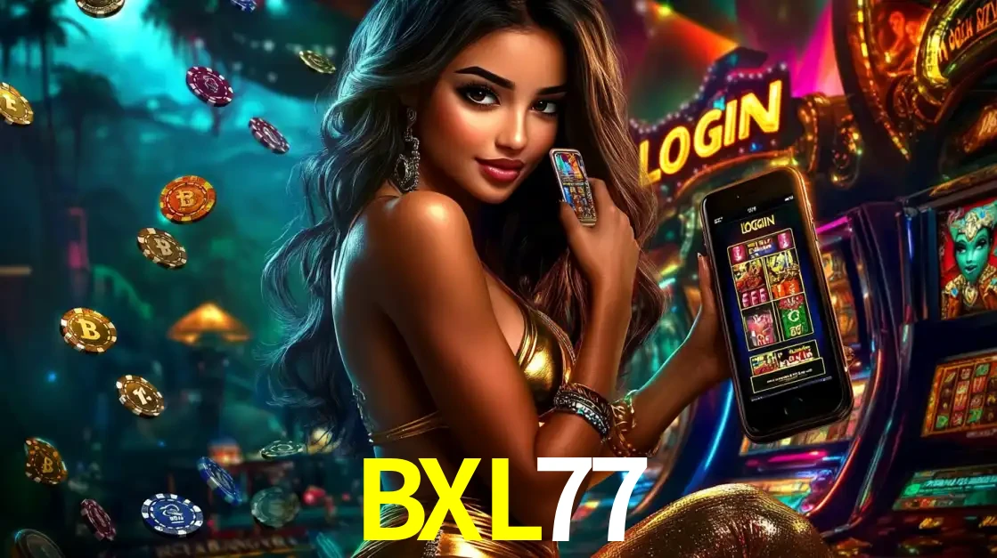 Mulher em um cenário de cassino temático de aventura, mostrando o app de caça-níqueis da BXL77 no celular. Fichas de apostas flutuam ao redor.