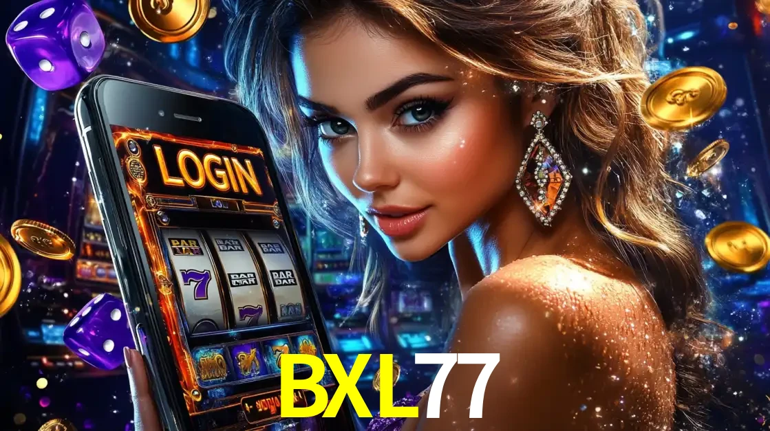 Mulher glamorosa segurando um smartphone com a tela de login para os jogos de caça-níqueis do cassino online BXL77, com moedas de ouro e dados ao redor.