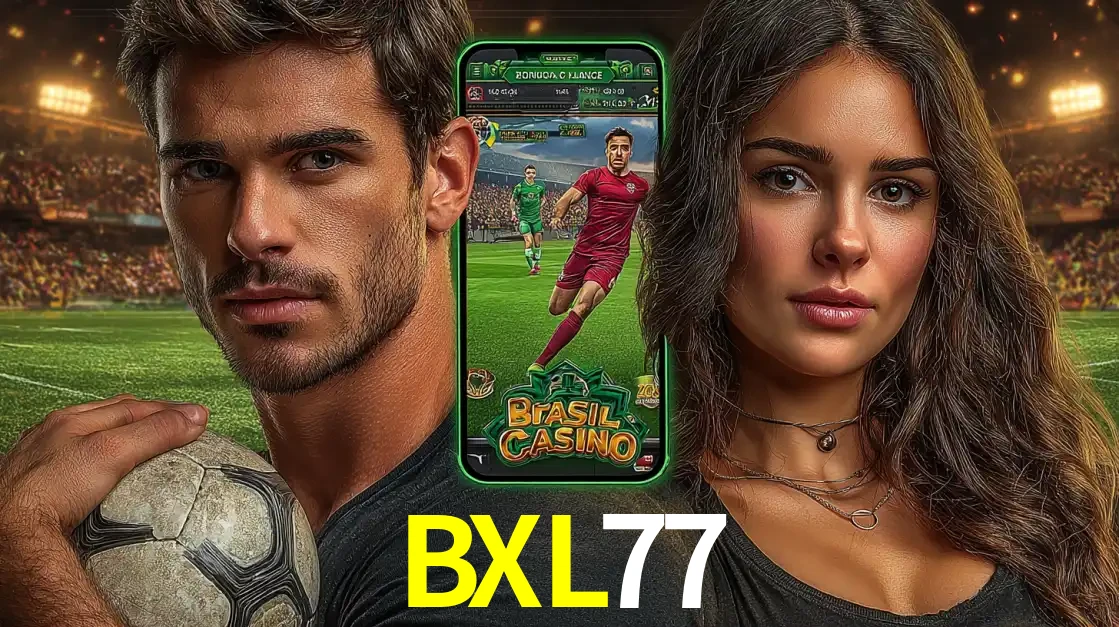 Homem segurando uma bola de futebol e uma mulher ao lado de um smartphone exibindo o jogo de apostas esportivas da BXL77. Faça seu palpite no cassino online.